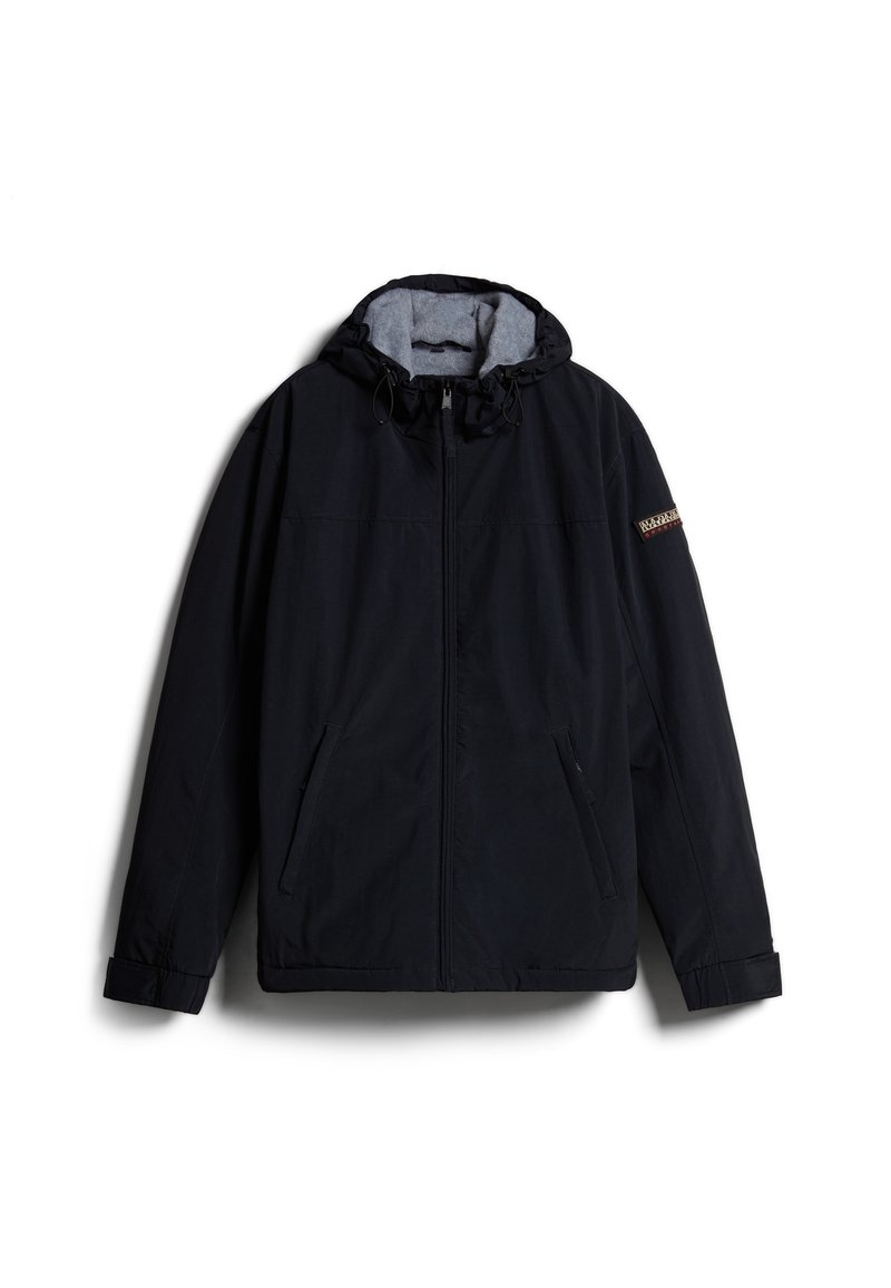 Giacca nera con cappuccio, dotata di fodera grigia, zip frontale e due tasche laterali. Include cuciture decorative sulla manica.