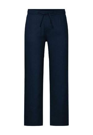 Marineblauwe broek met rechte pijpen, elastische tailleband en zwart aantrekkoord, zonder zichtbare zakken of versieringen.