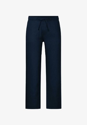 Granatowe spodnie o prostych nogawkach z elastycznym paskiem i czarnym sznurkiem, bez widocznych kieszeni ani ozdób.