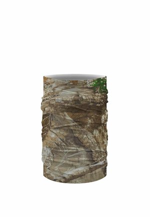 Zylindrischer Camouflage-Halswärmer mit Baumzweig- und Blattmuster in Braun- und Grüntönen.
