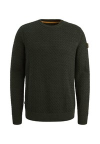 Gebreide crew-neck trui in donkergroen met een gestructureerd ruitpatroon, geribbelde manchetten en zoom, en een contrasterende binnenkraag.