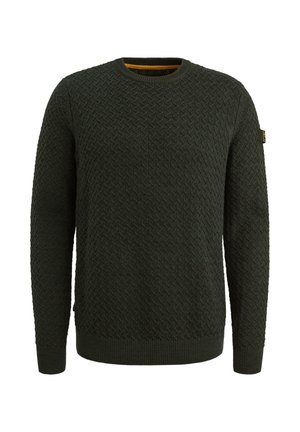 Knitted crew-neck sweater in dark green with textured diamond pattern, ribbed cuffs and hem, and a contrasting interior collar.