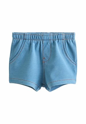 Blaue Jeansshorts mit elastischem Bund, zwei vorderen Taschen und kontrastierenden orangen Nähten. Sanfte Textur und taillierte Passform.
