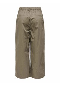 Pantalon court à jambes larges taille haute en beige avec ceinture élastique et deux poches passepoilées à l'arrière, vu de dos.