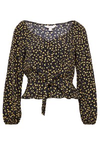 Czarna kwiatowa bluzka o kroju kopertowym z żółtym wzorem, dekoltem w serek, długimi rękawami z elastycznymi mankietami oraz wiązanym detalem w talii. Wykonana z lekkiego materiału.