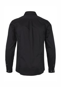 Zwart langärig shirt met een traditionele kraag, rugplooi met details en knoopmanchetten. Gemaakt van gladde stof met een effen kleur.