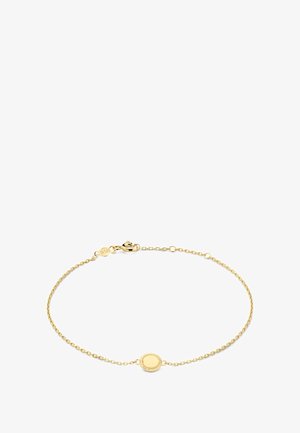 Gouden armband met een delicate ketting en een ronde, gestructureerde middenstuk met een gladde oppervlak en een kreeftsluiting.