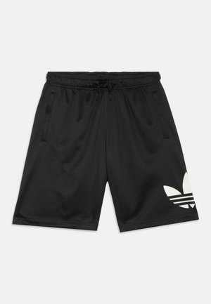 Schwarze atmungsaktive Sportshorts aus Mesh mit elastischem Bund und Kordelzug. Ausgestattet mit Seitentaschen und weißem Logo mit drei Streifen.
