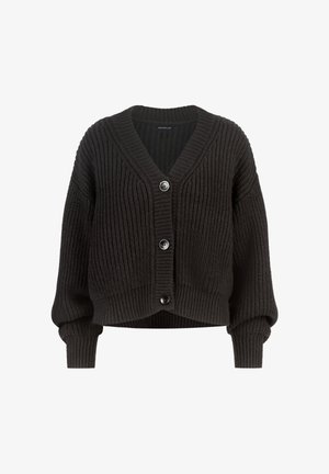 Zwarte, geribbelde gebreide cardigan met een diepe V-hals, lange mouwen en vier grote knopen. Cropped ontwerp met textuur en subtiele rek.