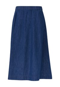 Jupe en denim avec une taille élastique, forme évasée, couleur bleu foncé et fente latérale pour faciliter les mouvements. Texture lisse, design décontracté.
