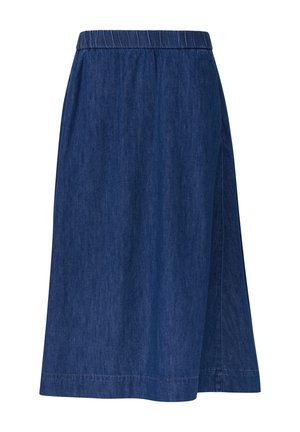 Denim skirt with an elastic waistband, A-line shape, dark blue color, and side slit for ease of movement. Smooth texture, casual design.