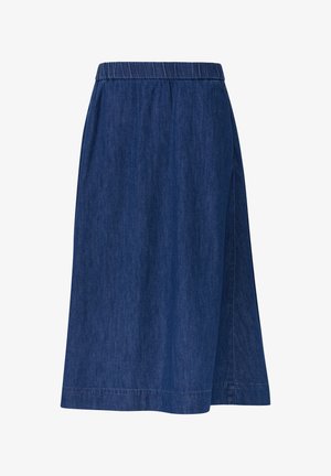 Denim skirt with an elastic waistband, A-line shape, dark blue color, and side slit for ease of movement. Smooth texture, casual design.