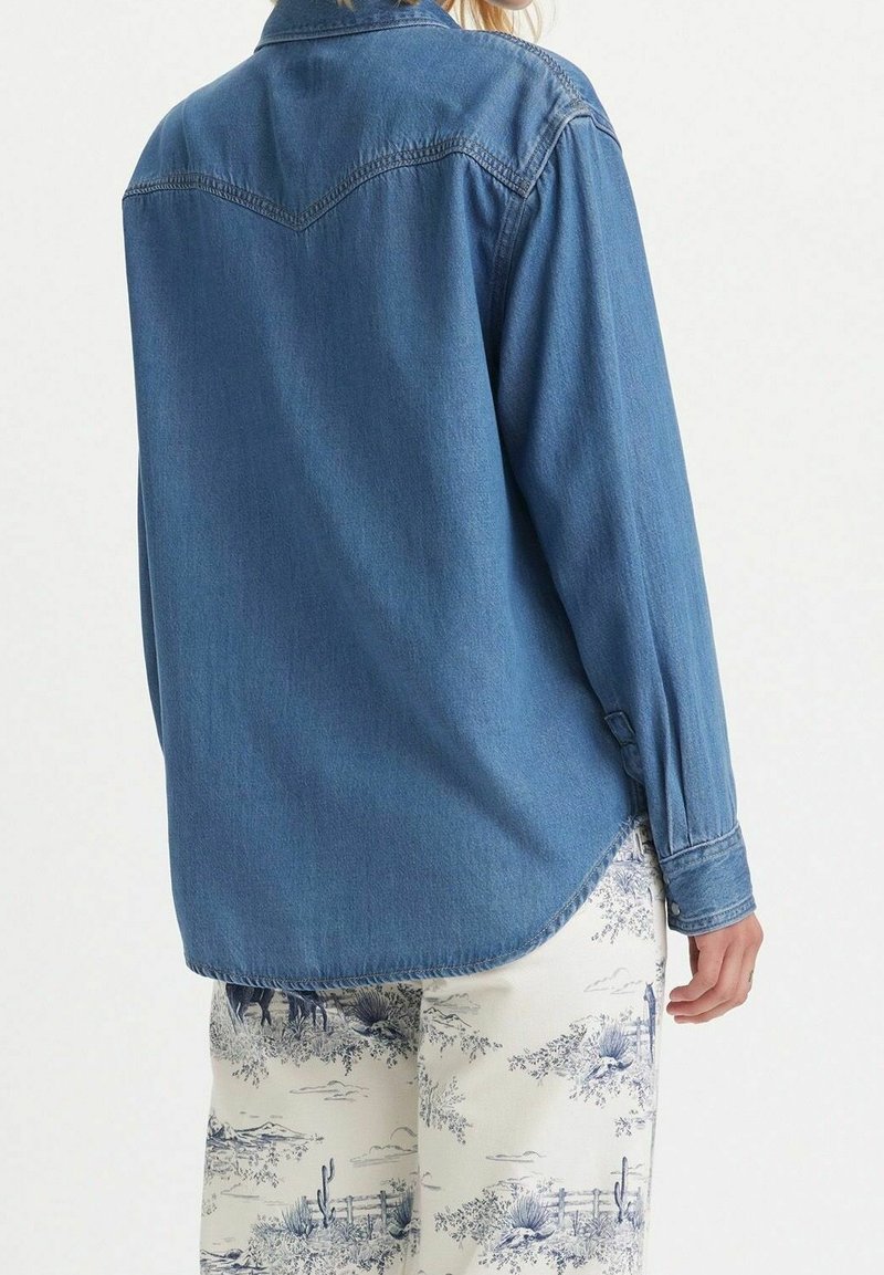 Personne portant une chemise en jean bleue ample et un pantalon blanc avec un imprimé bleu nature et animaux, vue de dos.