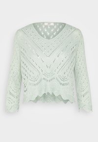 Hellgrüner Strickpullover mit V-Ausschnitt, langen Ärmeln, gewelltem Saum und aufwändigem Lochmustermuster im gesamten Design.