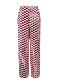Pantaloni a vita alta con gamba ampia, con motivo a zigzag rosa, nero e bianco su sfondo bianco, tagliati alla caviglia.
