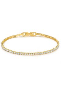 Bracelet doré doté d'un design flexible et en maillons, agrémenté de strass ronds et transparents disposés en rangée ; fermeture à clapet sécurisée.