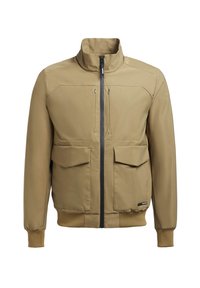 Khaki bomberjack met een hoge kraag, ritssluiting aan de voorkant, twee borstzakken met kleppen, en elastische manchetten en onderrand. Gladde stof.
