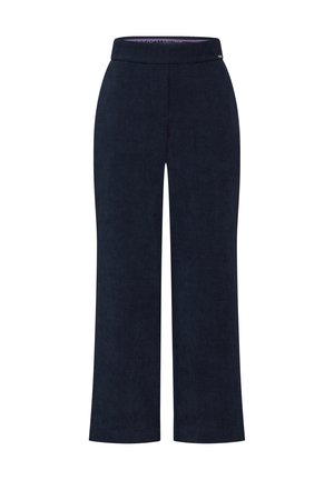 Marineblaue Hose mit geradem Bein, hoher Taille und breiten Bündchen, aus weichem Stoff, vor schlicht weißem Hintergrund gezeigt.
