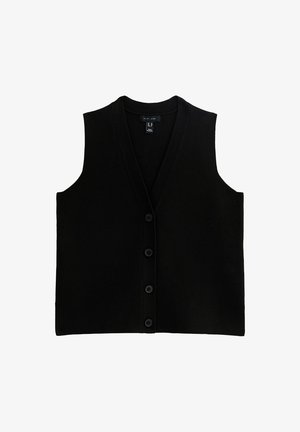 Czarna, bezrękawnikowa kamizelka z teksturowanej tkaniny. Posiada dekolt w kształcie litery V, jednorzędowe zapięcie na guziki oraz czyste, dopasowane linie.