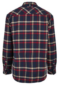 Chemise en flanelle à carreaux bleu marine, rouge et beige, manches longues avec poignets boutonnés, vue de dos.