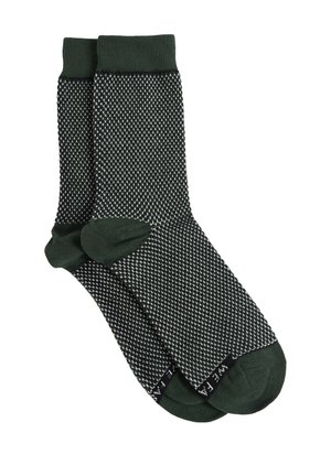 Grau und schwarz gemusterte Socken mit einem grünen gerippten Bündchen. Das Design zeigt ein strukturiertes geometrisches Muster am Schaft.