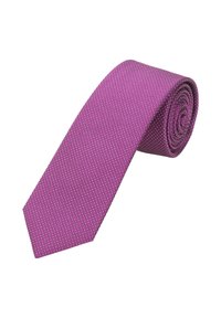 Purple tie with a textured surface, featuring a subtle white polka dot pattern and a pointed tip, rolled neatly for storage.
