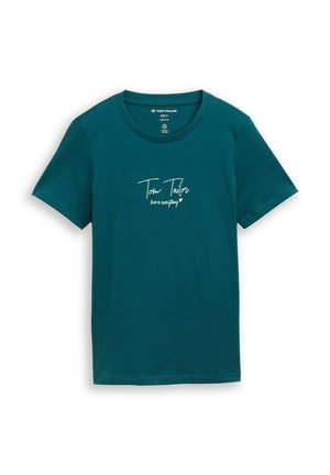 T-shirt en coton à manches courtes couleur sarcelle avec l'inscription "Tom Tailor love is everything" en écriture blanche sur la poitrine, étiquette de taille small à l'intérieur du col.