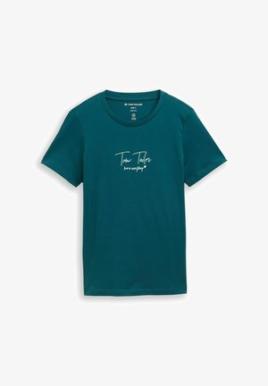 T-shirt en coton à manches courtes couleur sarcelle avec l'inscription "Tom Tailor love is everything" en écriture blanche sur la poitrine, étiquette de taille small à l'intérieur du col.