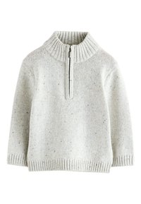Lysegrå strikket pullover med høj krave, der har en halv lynlås foran og ribbede kanter. Subtile farvepletter gennem hele stoffet.