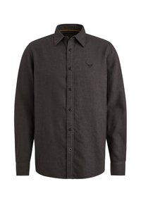 Donkergrijze langemouwen shirt van textuurstof met een knopenrij aan de voorkant en een geborduurd logo op de borst.