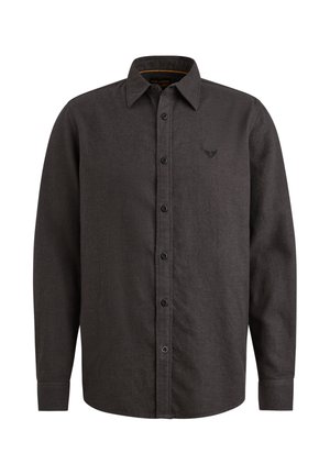 Musta harmaa pitkähihainen paita, joka on valmistettu teksturoidusta kankaasta ja jossa on napitettava etuosa sekä kirjailtu logo rinnassa.