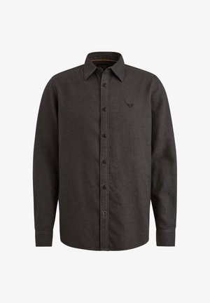 Donkergrijze langemouwen shirt van textuurstof met een knopenrij aan de voorkant en een geborduurd logo op de borst.