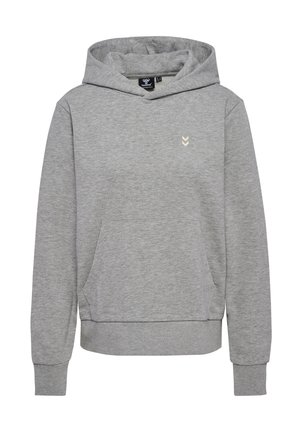 Grå hoodie lavet af bomuldsblandingsstof med en front kangaroo lomme, ribbede ærmer, en hætte med snoretræk og en diskret logo detalje.