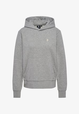 Grå hoodie lavet af bomuldsblandingsstof med en front kangaroo lomme, ribbede ærmer, en hætte med snoretræk og en diskret logo detalje.