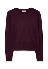 Bordo mezgimo megztinis su apvaliu iškirpimu, ilgomis rankovėmis ir trumpu sijonu. Ypatumai: raukšlėtos rankogaliai ir švelni tekstūra.