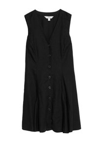 Abito senza maniche nero in lino, con scollatura a V, sei bottoni frontali e una gonna svasata con dettagli a pieghe sull'orlo.