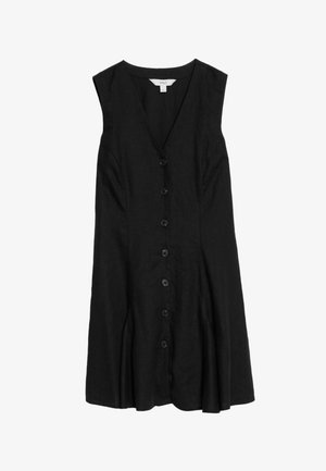 Zwarte mouwloze jurk van linnen, met een V-hals, zes knopen aan de voorkant en een uitlopende rok met plooidetails aan de zoom.