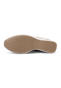 Soletta della scarpa con una superficie in gomma beige testurizzata, caratterizzata da un bordo bianco e un motivo a diamante per la trazione. Contrassegnata con la taglia 37.