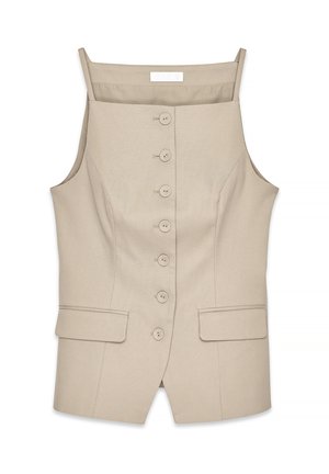 Beige sleeveless vest with a fitted design, featuring a button front, two front pockets, and a smooth, textured fabric.