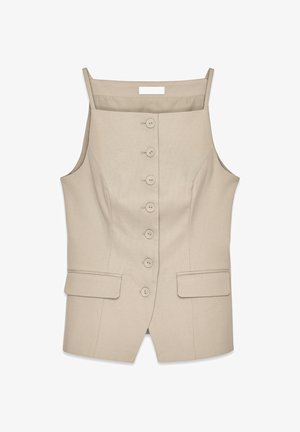 Bežs bezpiedurkņu veste ar pieguļošu dizainu, kas aprīkota ar pogu priekšpusi, divām priekšējām kabatām un gludu, teksturētu audumu.