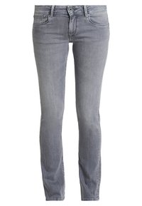 Jeans skinny de mezclilla gris claro con diseño de cinco bolsillos, cremallera y sutiles detalles de desgaste. Presentan costuras cosidas y una textura suave.