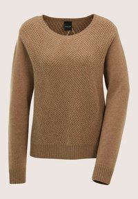 Brauner gestrickter Pullover mit langen Ärmeln, Rundhalsausschnitt und strukturiertem Zickzackmuster auf der Vorderseite sowie gerippten Bündchen und Saum.