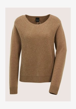 Bruine gebreide longsleeve trui met een ronde halslijn en een textuur in chevronpatroon op de voorkant, met geribbelde manchetten en zoom.