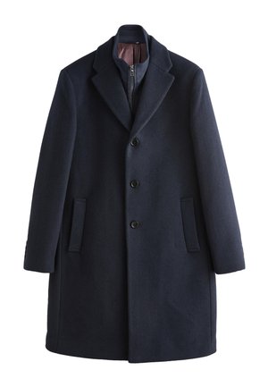 Soprabito da uomo blu navy scuro con rever a lancia, tre bottoni frontali, tasche laterali e uno strato interno con cerniera visibile al collo.