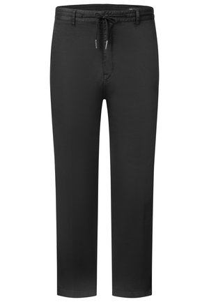 Pantaloni neri a gamba dritta con vita con coulisse e passanti per cintura, con dettaglio di cucitura davanti alla zip.