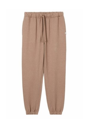 Brown, herringbone-patterned sweatpants with an elastic waistband and drawstring. Cuffed ankles and two side pockets. Soft fabric texture.