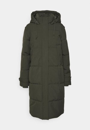 Olive green puffer coat with a hood, front zipper closure, two side pockets, and buttoned cuffs. Features a quilted design and long silhouette.