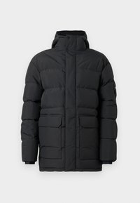 Jachetă puffer neagră cu guler înalt, fermoar frontal și două buzunare mari în față. Prezintă un design matlasat și manșete elastice.