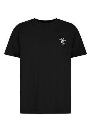 Zwart katoenen T-shirt met een relaxed fit, met een klein wit palmbomenlogo op de linker borst. Eenvoudig ontwerp, korte mouwen.