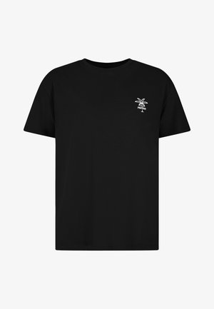 Sort bomulds T-shirt med afslappet pasform, der har et lille hvidt palmetræ-logo på venstre brystområde. Simpelt design, korte ærmer.